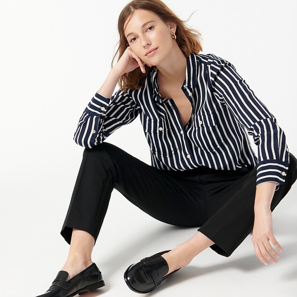 💙 NWOT J. Crew Navy & White Striped Classic-Fit Silk Shirt, Size 4